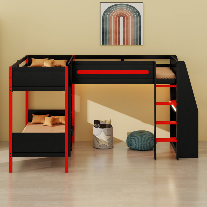 Lit superposé en L avec lit mezzanine, bureau intégré, tablettes et DEL