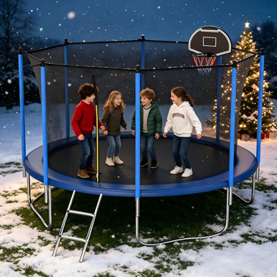 10FT Trampoline with Safety Enclosure Net and Basketball Hoop, Outdoor Backyard Recreational Trampoline for Kids & Adults