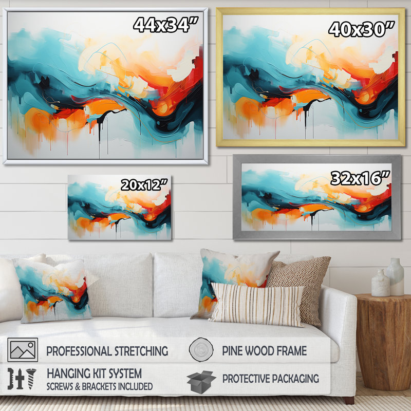 Bleu et orange, vagues abstraites colorées IV - art mural abstrait, Cadre doré à coins fermés, H 12 po x l 20 po x P 1 po