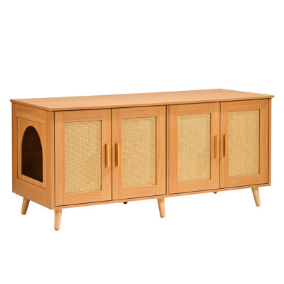 Enclos pour bac à litière pour chat avec portes décorées en rotin