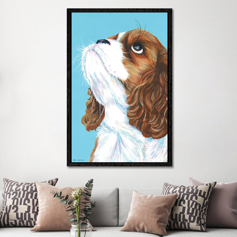 King Charles Cavalier On Aqua by Kirstin Wood - Painting on Canvas, Black Framed Canvas, 152.5 cm H x 101.5 cm W