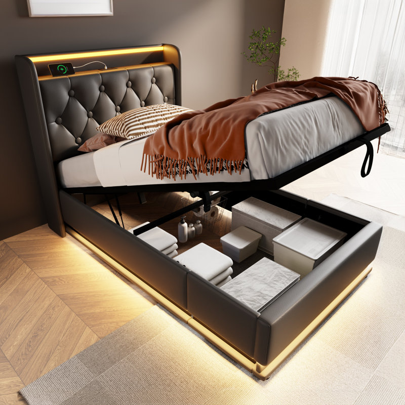 Lit simple tapissier, fonction DEL à 360 degrés, boutons / applications / télécommande, lit de rangement hydraulique avec chargement USB Type-C, noir, polyuréthane (sans matelas)