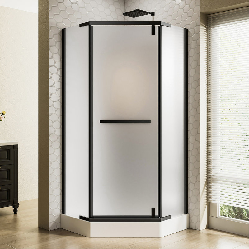 36"D X 36"W X 72"H Neo-Angle Shower Door, Corner Shower Door, 1/4" Tempered Glass With Frosted Ultra-Clear Nano-Coated, Black Stainless Steel Frame
