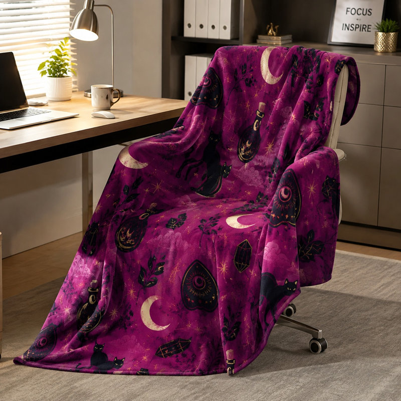 Couverture en peluche de chat de lune gothique, jeté polaire céleste et envoûtant pour canapé, chambre, salon, décoration intérieure confortable