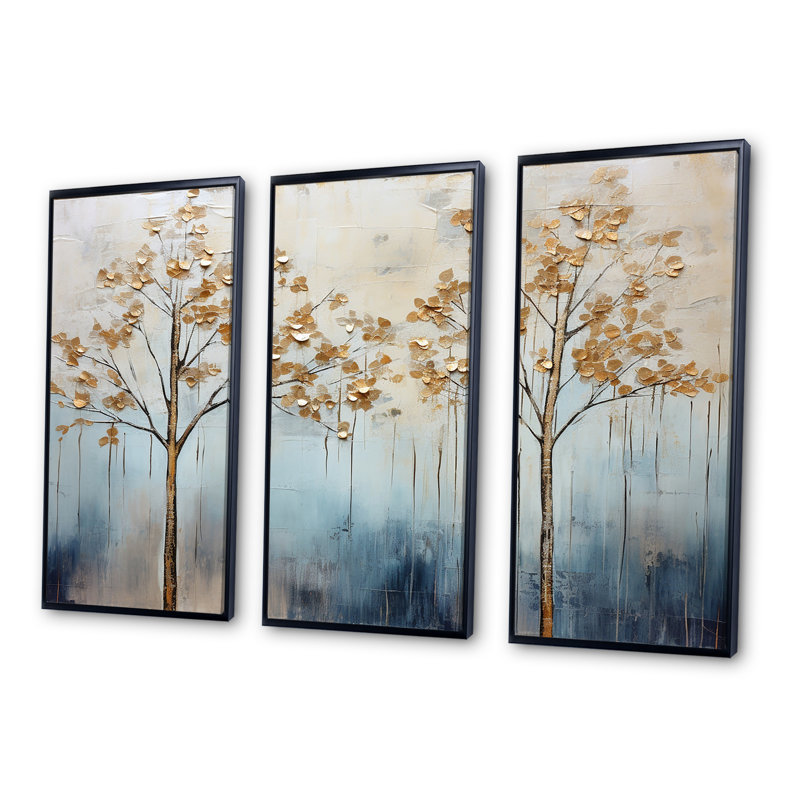 Minimalisme, arbres dorés et bleus scène VI - ensemble d'art mural sur toile, Cadre flottant noir, H 32 po x l 48 po x P 1 po