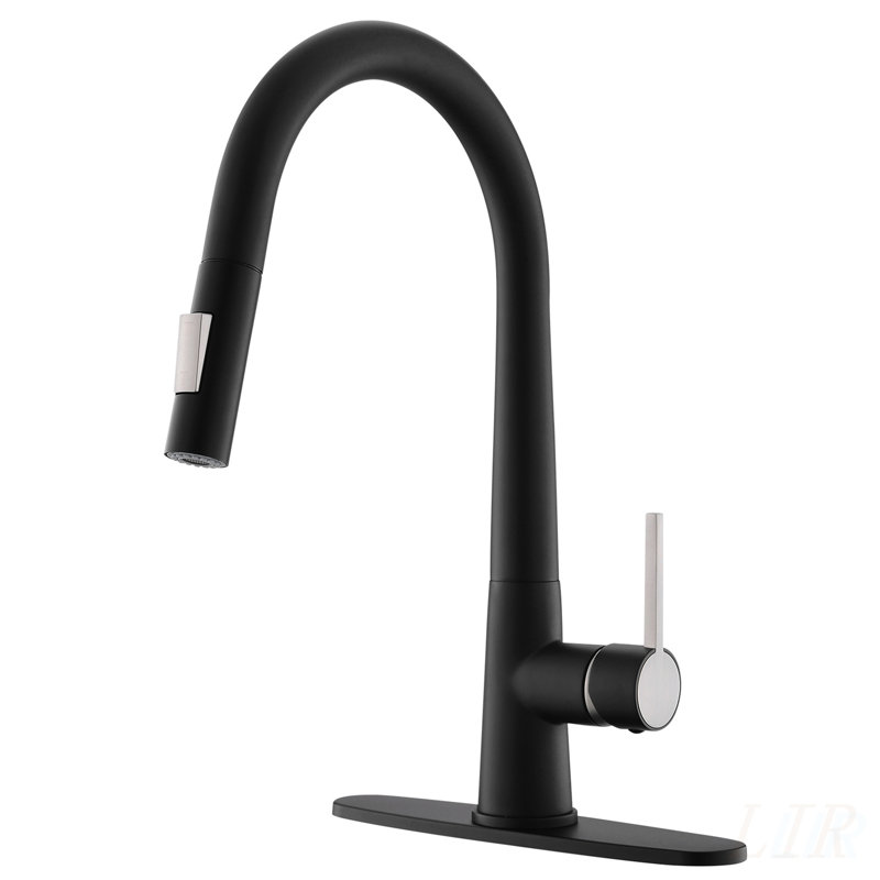 Sleek Black Pull Out Kitchen Faucet with Single Handle and Deck Plate for Modern Convenience and Style