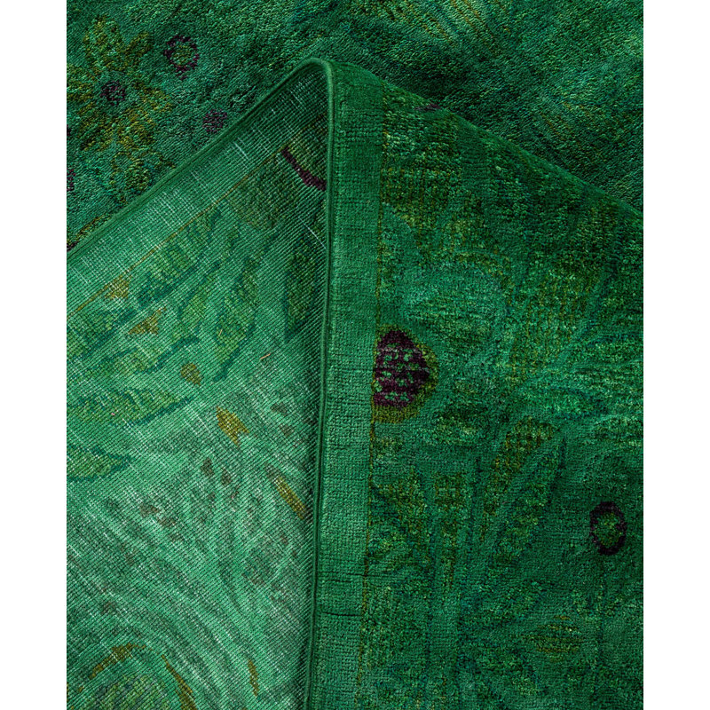 Tapis unique noué à la main Rachal - vert, 9 pi 0 po x 11 pi 5 po