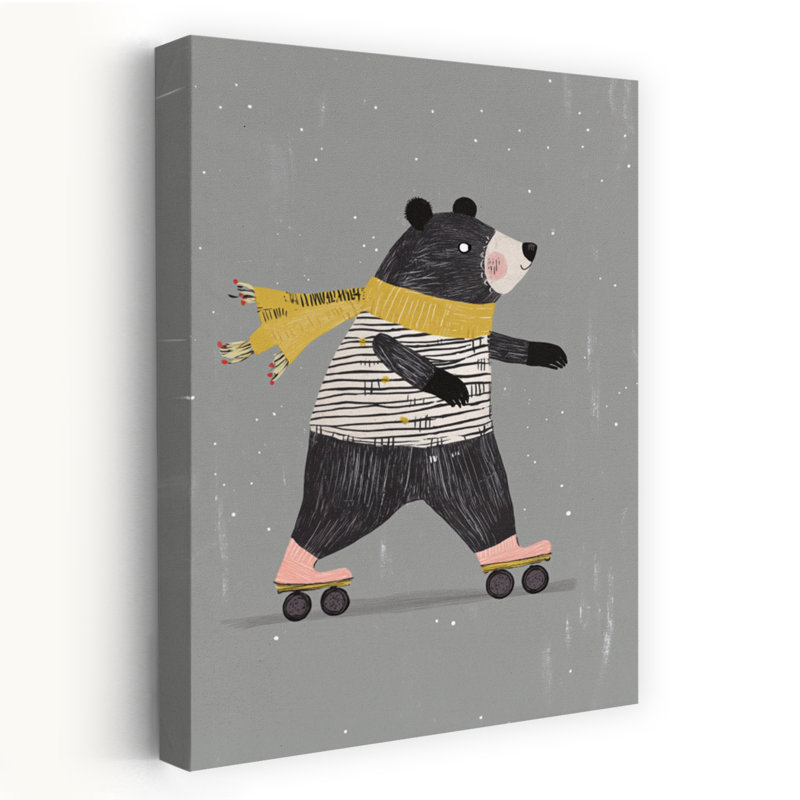 Whimsical Roller Skating Bear Playful Whimsical Abstract Bear Winter Landscape Wall Art Print by Mathieu - Wrapped Canvas Print