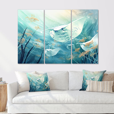 «Monochome Manta Rays Dance» - ensemble d'art mural corail sous l'eau