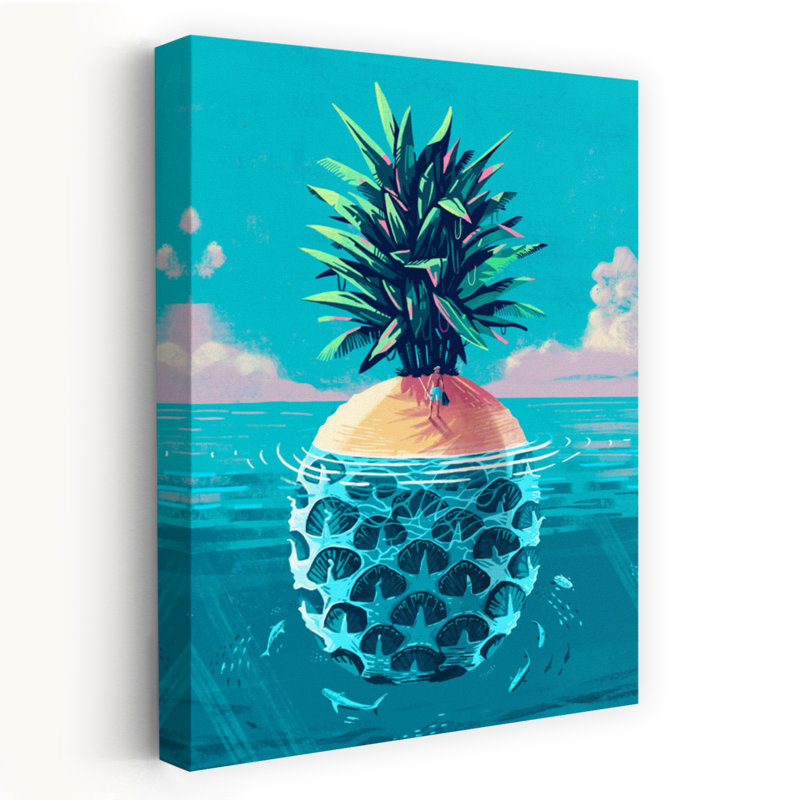 «Pineapple Island Dream», impression sereine et vibrante, poisson sur la plage, fruits, impression murale, 18" H x 12" W