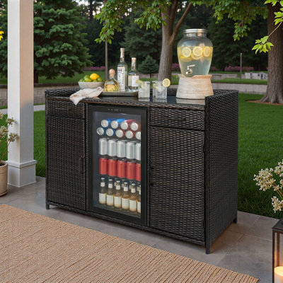 Armoire de rangement extérieure en osier de 53,5 po de largeur avec espace pour réfrigérateur, mini-bar d'extérieur résistant aux intempéries avec tablettes réglables