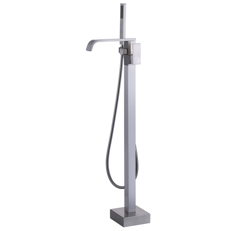 Single-Handle Floor Mount Waterfall Brass Freestanding Tub Faucet with High Flow Handheld Shower, Brushed Nickel