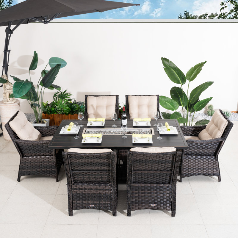 7-Piece Outdoor Rectangular Aluminum Fire Pit Dining Set