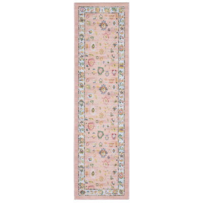 Kugler Vintage Traditional Pink/ Blue Printed Washable Flat Pile Area Rug