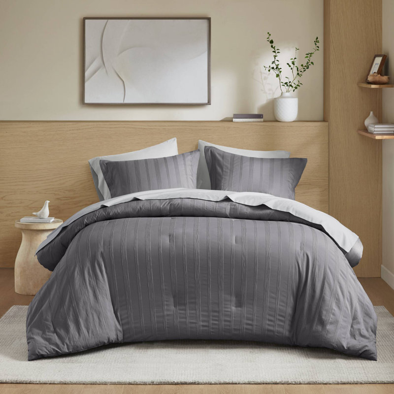 Ensemble d'édredon tissé à rayures Logan, Gris anthracite, rayé, Grand édredon + 6 pièces supplémentaires