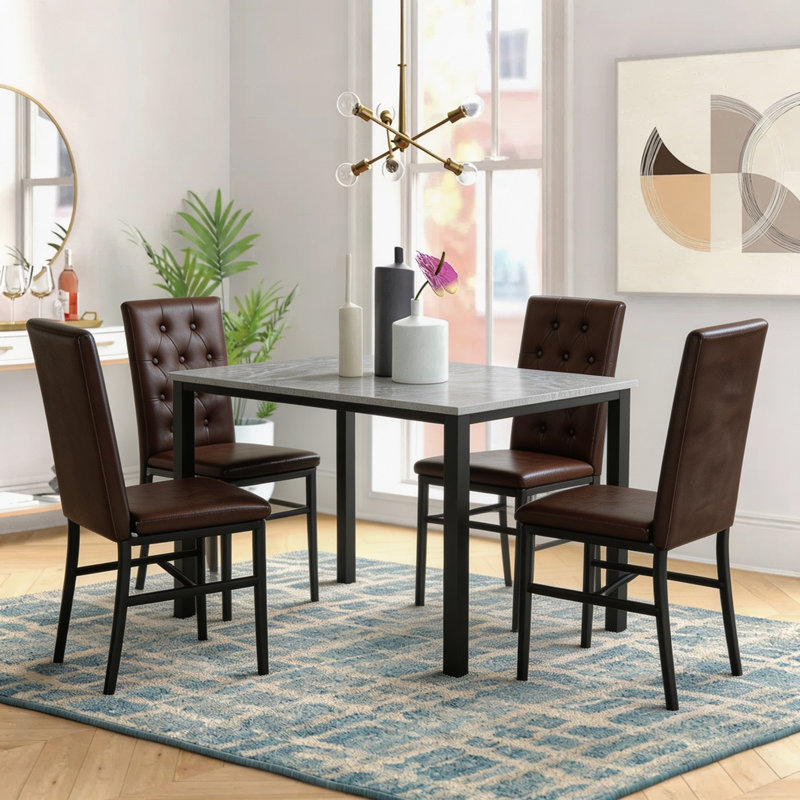 5-Piece Dininng Room Table Set with 4 Uphosltered Dining Chairs, Faux Marble Table Top and Robust Metal Frame Dining Table Set of 5, Space-Saving Design Dinette Set for Home Furniture Kitchen Restaurant