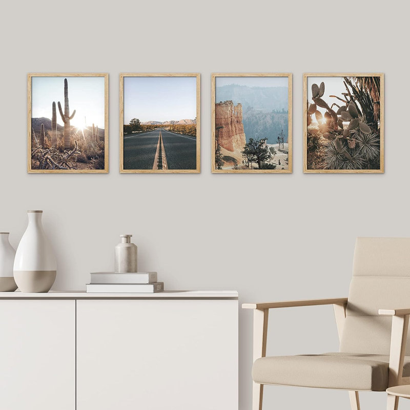 «Cactus Desert Landscape», reproduction encadrée de 4 pièces, H 16 po x l 12 po x P 1 po, Encadré naturel