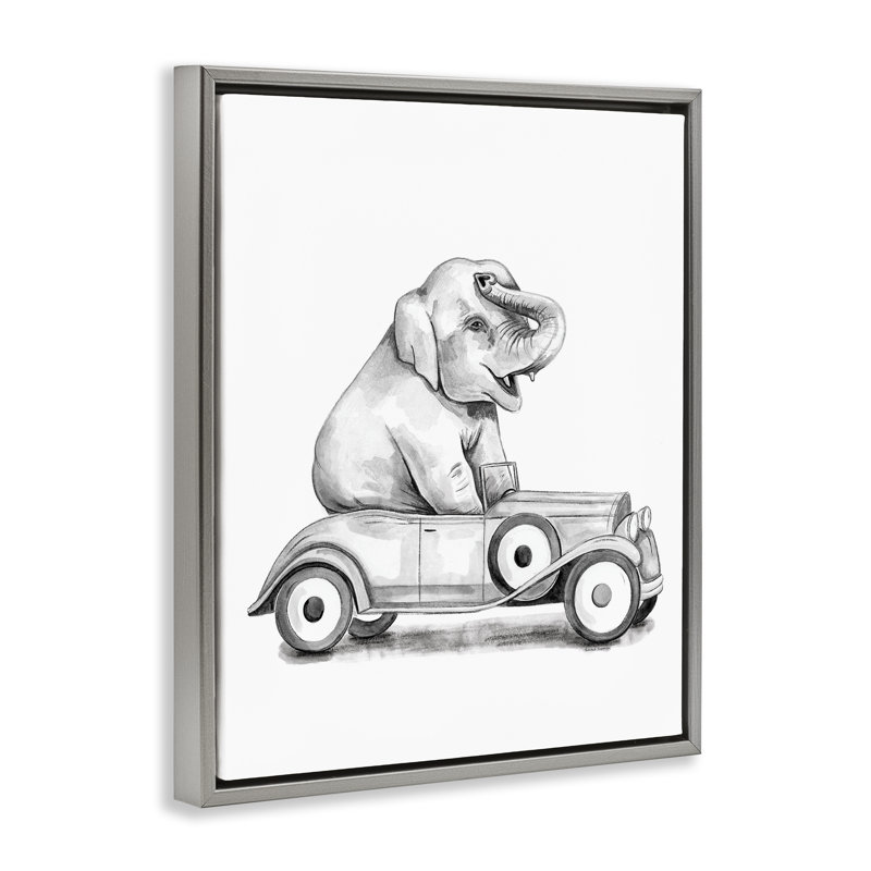 Éléphant dans un cadre flottant de véhicule rétro, design par Rachel Nieman, H 21 po x l 17 po, Cadre flottant gris lustré