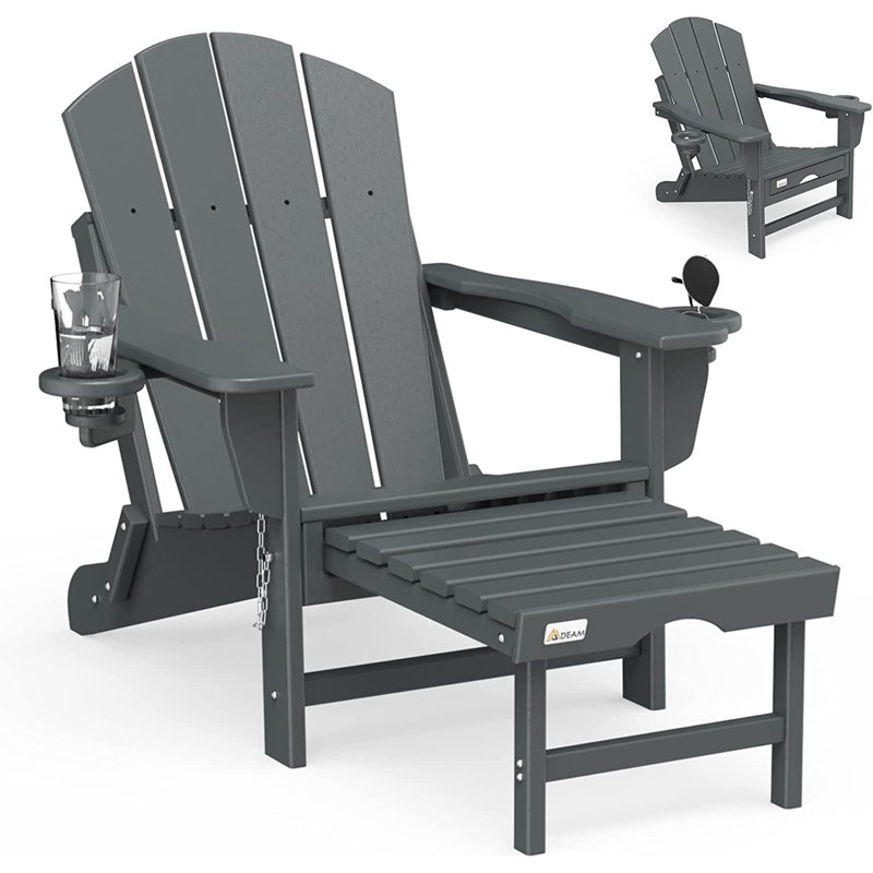 Foldable Outdoor Adirondack Chair With Ottoman, Gray