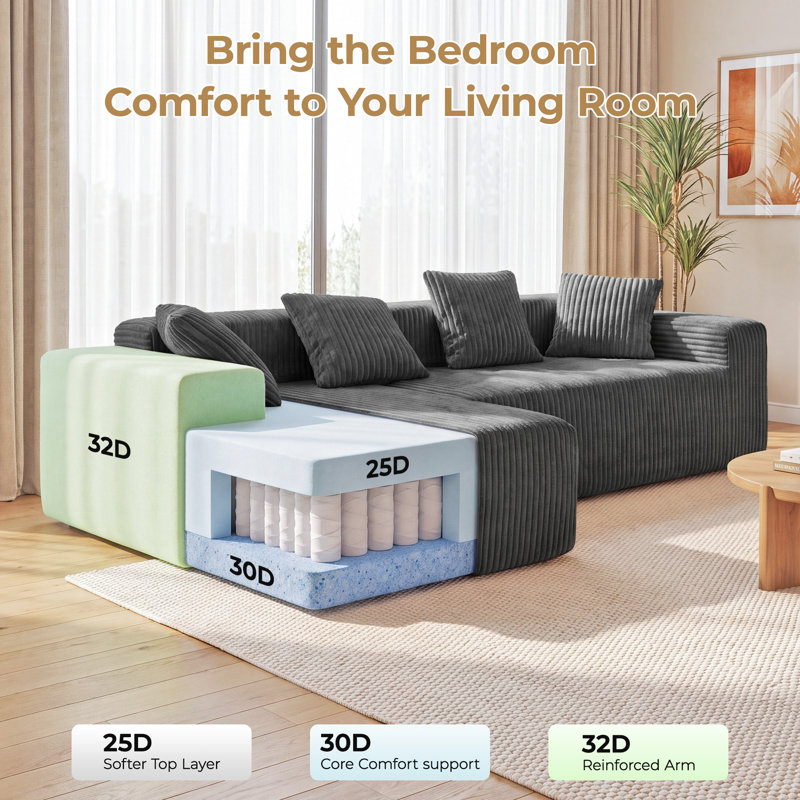 Modern Oversized Corner Sofa L-Shaped Corduroy Sofa With Storage Pockets , Left Hand Facing, Grey