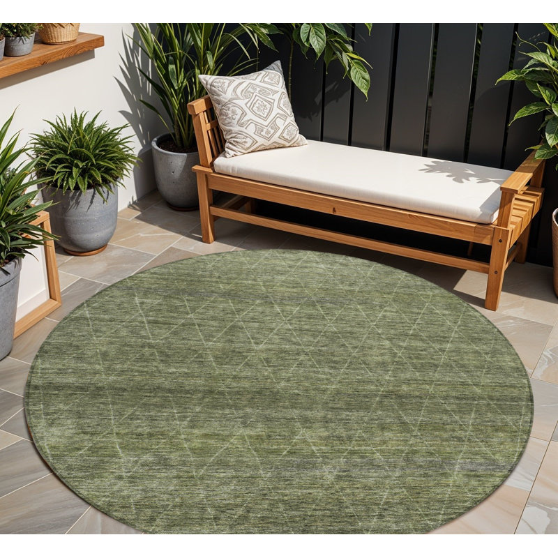 Tapis intérieur / extérieur rond lavable 8 pi vert olive et ivoire