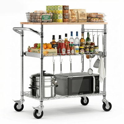 Chariot de rangement de cuisine à 3 niveaux avec plateau en bois massif et barre de maintien. Étagères métalliques robustes et réglables. Chariot de service monté sur roulettes pivotantes de 10 cm (4 pouces). Supporte jusqu'à 300 kg (661 lb). Parfait pour la maison, le garage, le bureau ou le laboratoire.