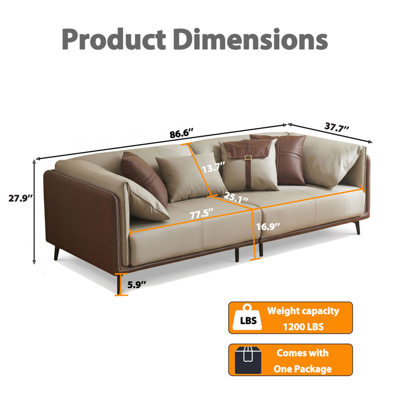Elegant Solid Wood Frame Leather Sofa With 4 Unique Accent Pillows, 3
