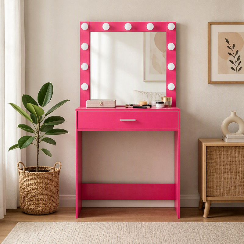 Bureau de coiffeuse avec miroir et lumières, coiffeuse avec grand tiroir, commode de rangement à 1 niveau et 3 modes d'éclairage à luminosité réglable, convient à la chambre à coucher