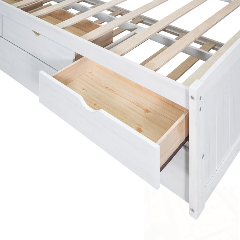 Twin Size daybed with Built-in Bookshelves, Three Storage Drawers and Trundle, White Washed