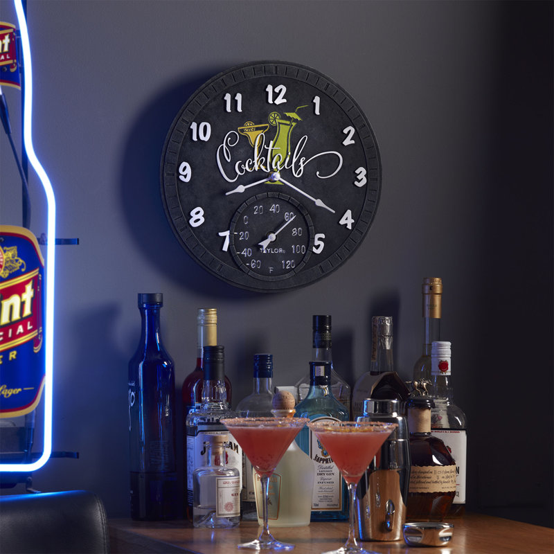 Taylor Bourbon Barrel Poly Resin Clock and Thermometer, 14 Inch, Multi-Color