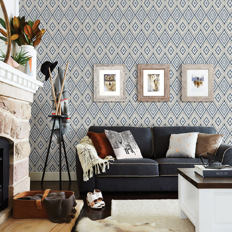 Rouleau de papier peint l 33 pi x l 20,5 po geometric ikat Brawley, Bleu marine
