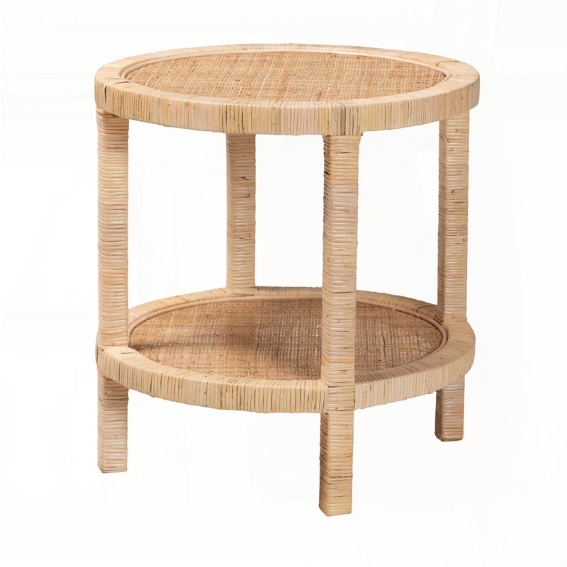 Table de bout moderne à 2 niveaux en bois d'acajou bohémien moderne et en rotin naturel