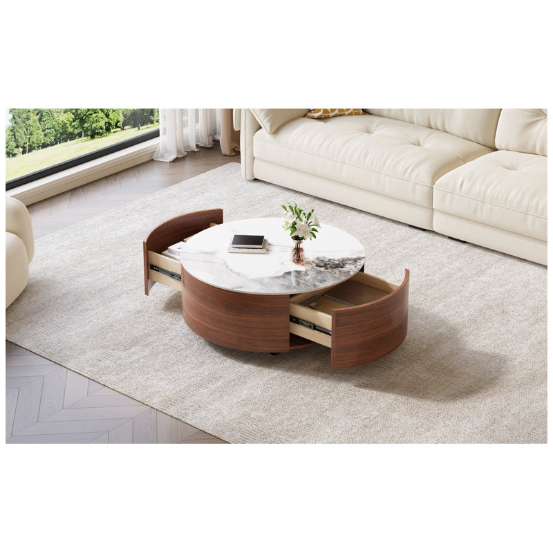 Table basse ronde moderne à roulettes, plateau en pierre frittée, 2 tiroirs, fini noyer