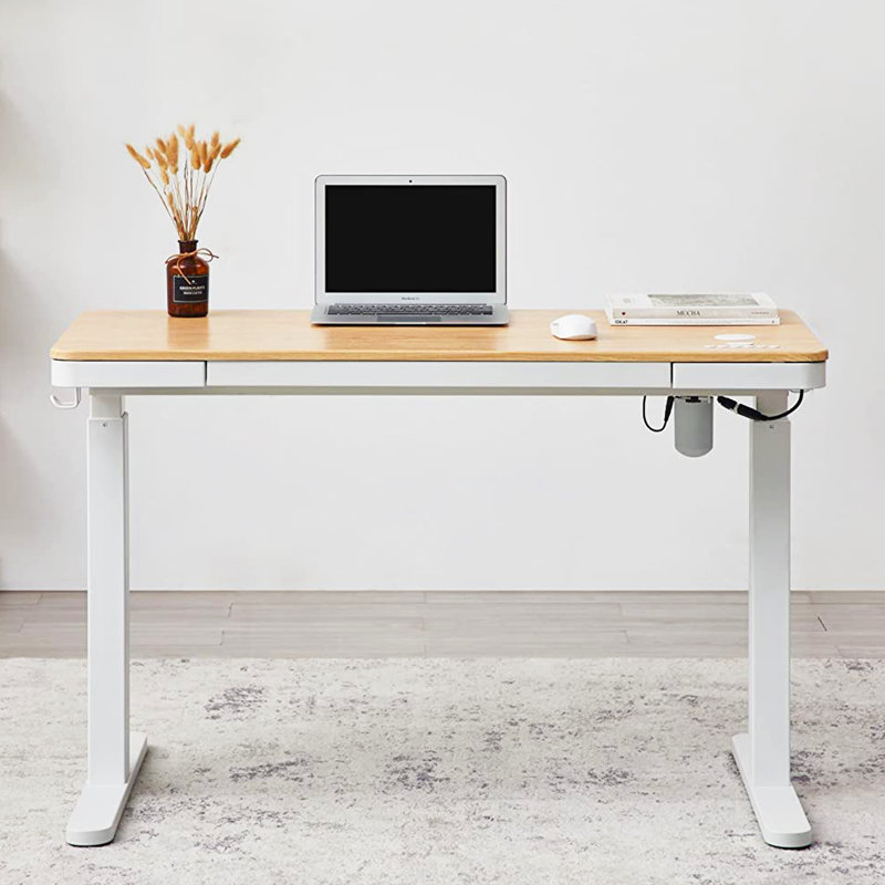 Bureau debout à hauteur ajustable en verre avec tiroir Keb Home Office, Brun / Blanc