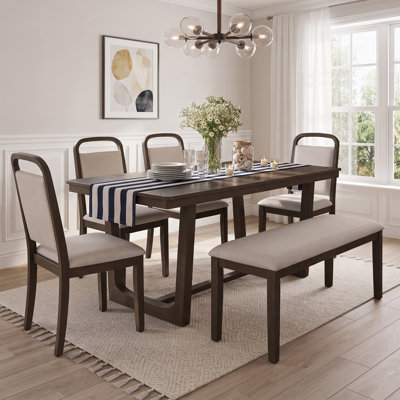 6-Piece Farmhouse Solid Wood Dining Table with Chair and Bench Set for Dining Room, Kitchen