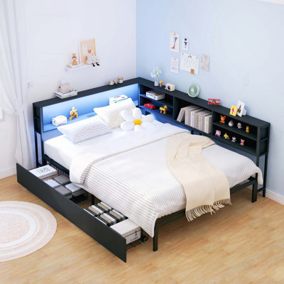 Full Corner Daybed with Storage, Bookcase Headboard, LED Light & Charging Station