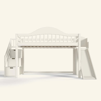 Lit mezzanine avec escaliers de rangement, glissade et garde-robe intégrée, garde-corps haut élégant, cadre de lit mezzanine en bois pour la chambre à coucher, les dortoirs, les invités