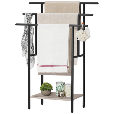 Freestanding Towel Rack for Bathroom, Blanket Rack with Shelf, 3 Tier Bath Free Standing Towels Drying and Display Rack Stand for Living Room, Blanket Bathroom Organizer, (Greige + Black)