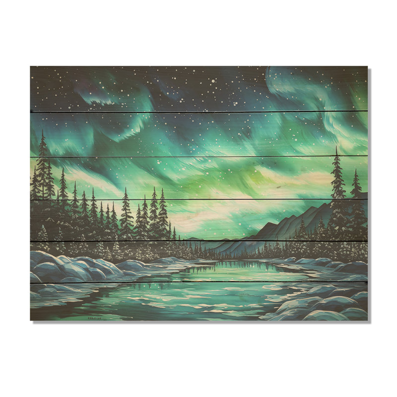 Northern Lights Winter Charm - Northern Lights Wood Art On Natural Pine Wood, 10" H x 20" W