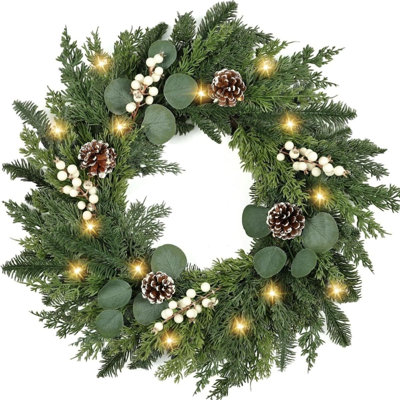 23.6 Inch Pre-Lit Artificial Christmas Wreath with Faux Pinecones, White Berries and Eucalyptus Leaves