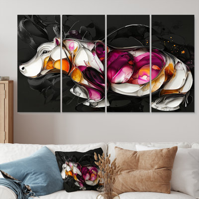 Pink Cubist Hippo Accented With Orange - Hippopotamus Wall Decor Set