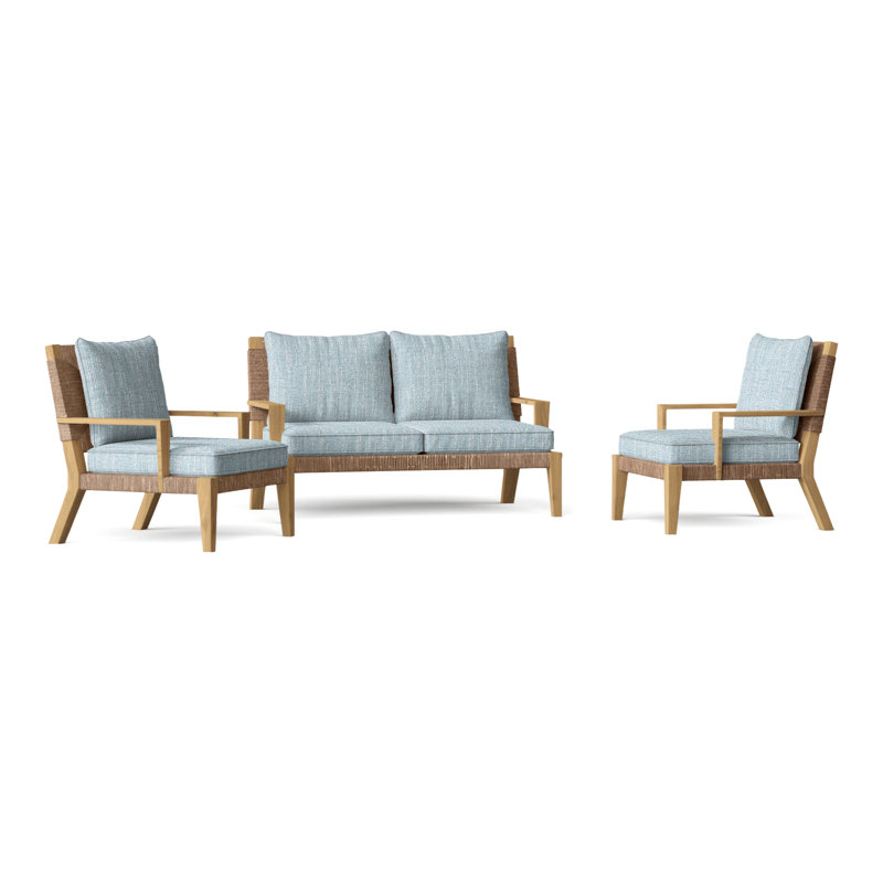 Hadley Outdoor 3 - Piece Teak Conversation Set, Perigold Linnaeus Indigo, Hadley Hemp