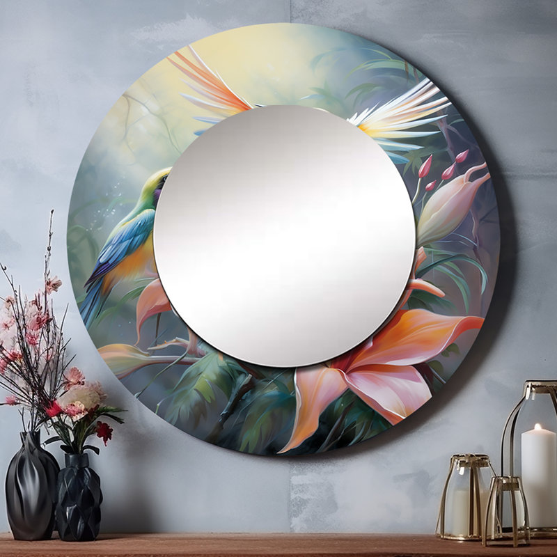 Tropical Flowers with Beautiful Bird - Birds Of Paradise Large Mirror, Peach Round Decorative Wall Mirror, Printed Metal Art