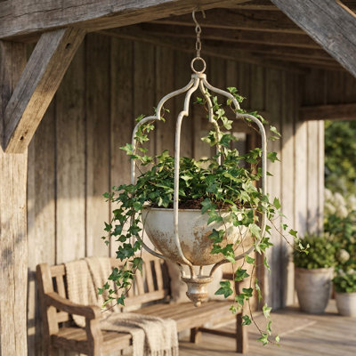 Pot rustique suspendu en fer, finition blanche patinée, pot décoratif pour maison de campagne Boho