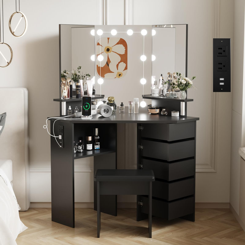 Corner Makeup Vanity Desk with LED Lighted Mirror – 3-Color Adjustable Lighting, 5 Rotating Drawers, Power Outlet, Open Shelves & Stool, Elegant Dressing Table for Women and Girls