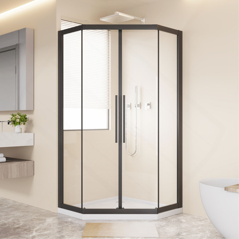 Enceinte de douche néo-angle coulissante 36 "x 72", 1/4 "en verre trempé transparent en forme de losange, double roulettes et poignées en acier inoxydable, noir