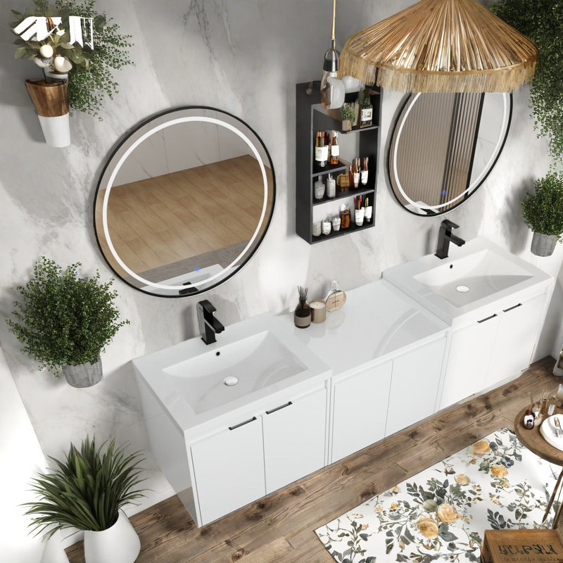 Ensemble de meuble-lavabo et lavabo flottant double, contreplaqué, salle de bain moderne