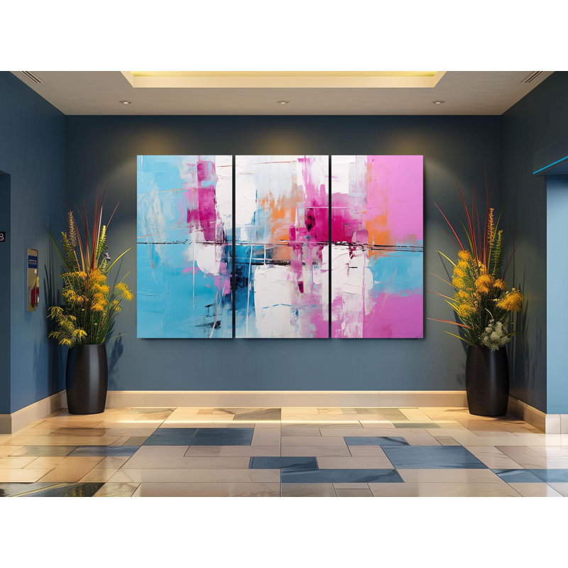 Reproduction d'art abstrait sur toile, ensemble de 3 panneaux de décoration moderne pour la maison, grand triptyque rose bleu - ensemble d'art contemporain texturé, peinture de bureau