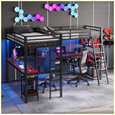 Lit mezzanine simple en métal en forme de L avec lumières DEL, tablettes de rangement, 2 stations de charge, 2 bureaux intégrés, noir et rouge