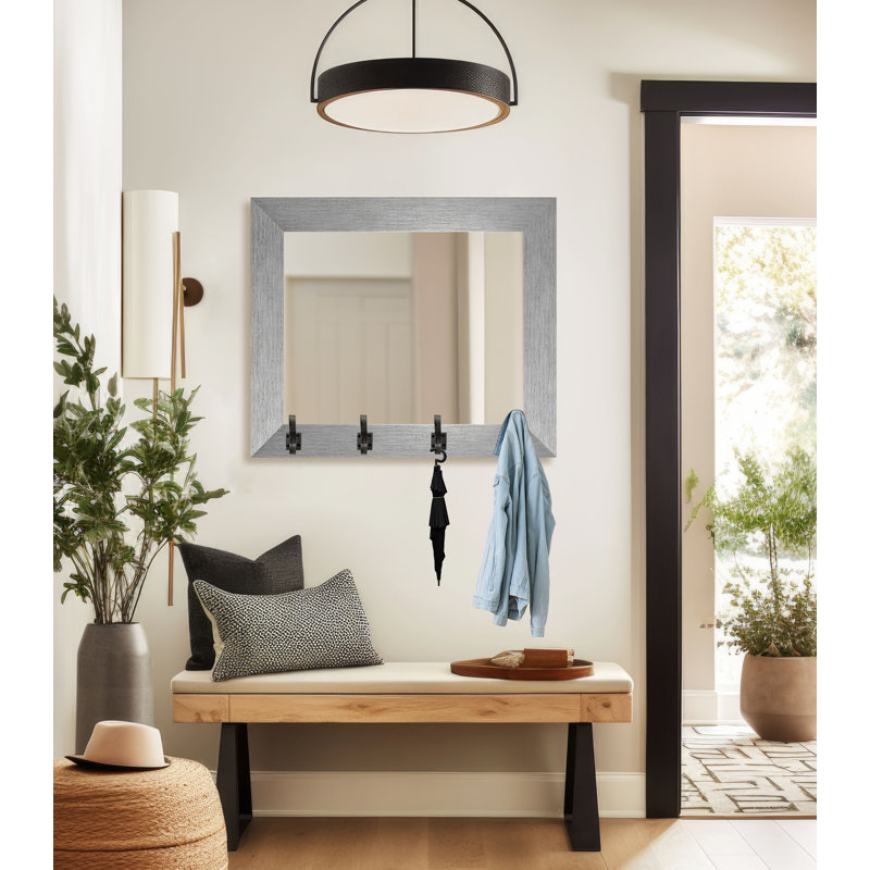 Bellicia Mirror with Hooks, Brushed Silver/Steel